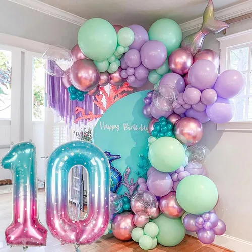 Miniatura 5 de Globos de Sirena Número 0 de 40 Pulgadas, Juego de Globos de Números Grandes Morado Verde Azulado Arcoíris 0-9, Globos de Números de Papel