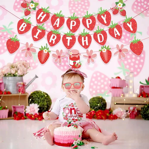 Miniatura 2 de SUNBEAUTY Pancarta de Feliz Cumpleaños de Fresa, Pancarta Colgante de Fiesta de Frutas Rojas Berry Sweet, Decoraciones de Cumpleaños de Fresa