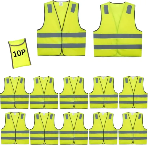 Chalecos de seguridad, paquete de 10 – Chaleco de trabajo reflectante amarillo de alta visibilidad, construcción ANSI Clase 2 para hombres, mujeres,