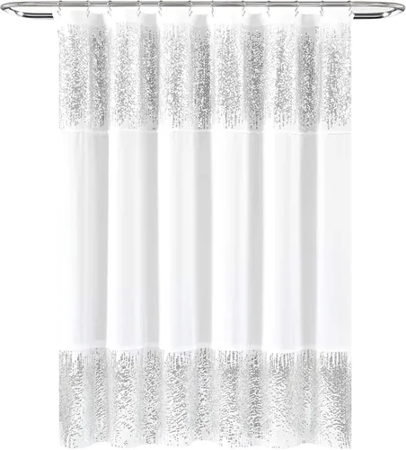 Miniatura 4 de Lush Decor 1 cortina de ducha con lentejuelas brillantes, diseño elegante y brillante para baño, 70 x 72 pulgadas, plateado y blanco, 70 x 72
