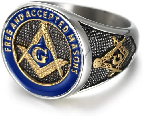 IFUAQZ Anillo masónico de acero inoxidable para hombre con símbolo de masones de oro azul libre y aceptado, Metal, Sin piedras preciosas
