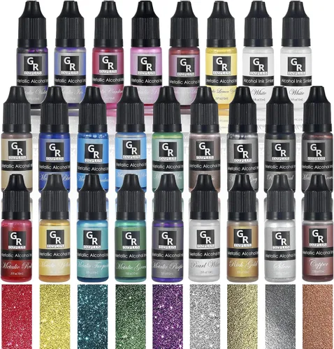 Juego de tinta de alcohol metálico, 26 colores metálicos a base de alcohol para arte de resina, arte fluido, manualidades de resina, placa de Petri