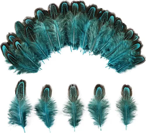 Miniatura 7 de FeelfunFeather 60 plumas de plumaje de faisán azul aguamarina de 2-3 pulgadas, plumas de plumaje naturales esponjosas moteadas para costura