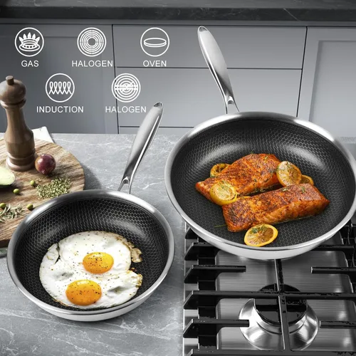 Miniatura 3 de Innerwell - Sartén de 12 pulgadas de acero inoxidable de tres capas con tapa, sartén grande antiadherente con revestimiento de nido de abeja
