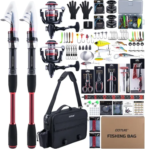 Miniatura 12 de Goture Combo de caña de pescar y carrete, caña de pescar telescópica roja con kit de inicio completo y bolsa de transporte, caña giratoria de viaje
