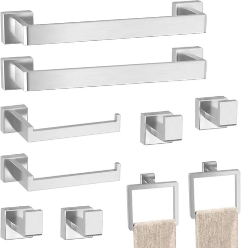 Juego de barras para toallas de accesorios de baño: 10 piezas de herrajes de baño cuadrados de níquel cepillado de acero inoxidable SUS304 -