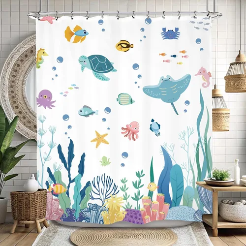 Miniatura 4 de Cortina de ducha para niños, 60 pulgadas de ancho x 72 pulgadas de largo, linda tortuga corales submarinos para niños y niñas, peces marinos, juego