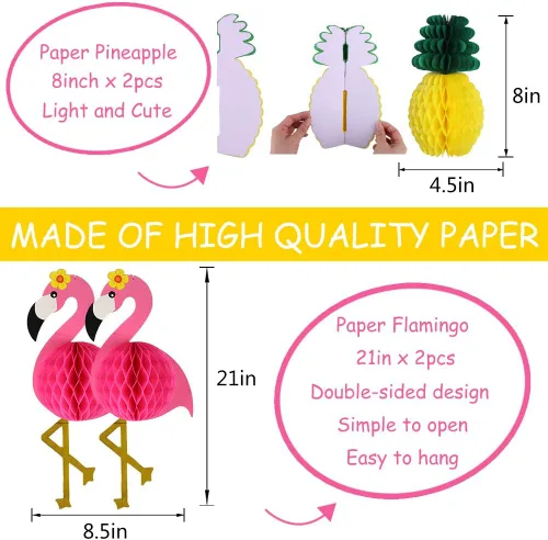 Miniatura 4 de YUNXUAN Suministros de fiesta de flamenco, decoraciones de fiesta hawaiana de flamenco y piña, bolas de panal, faroles de papel, abanicos de papel