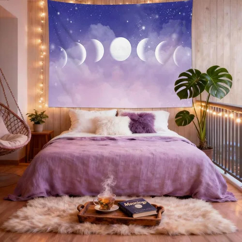 Miniatura 2 de HVEST Tapiz de fase lunar para colgar en la pared, cielo morado con nubes, estrellas, decoración de pared celestial, paisaje natural, decoración