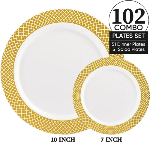 Miniatura 6 de FOCUSLINE Juego de 102 platos de plástico dorados desechables con borde de rejilla dorada, 51 platos llanos de 10 pulgadas y 51 platos de ensalada