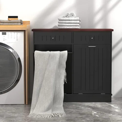 Miniatura 5 de Gabinete de Basura Inclinable, Isla de Cocina Estilo Antiguo con Tablero de Listones y Superficie de Madera Maciza y Cajón, Bote de Basura a Prueba