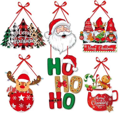 Cartel de Navidad para puerta delantera de porche, decoración de Navidad en rojo y verde, carteles de papel para fiesta, carteles, árboles, alces,