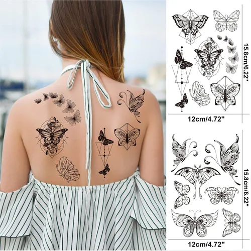 Miniatura 3 de Tatuaje temporal de mariposa realista para mujeres, calcomanías de tatuaje falsas de polilla grande negra para adultos, pierna de mano y brazo
