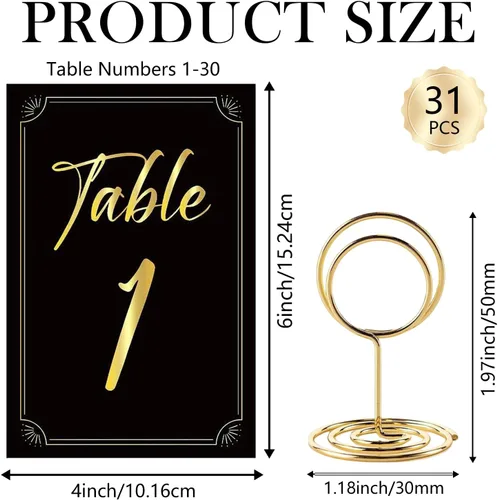 Miniatura 2 de 31 juegos de tarjetas de números de mesa con soportes, 1-30 elegantes tarjetas de asiento de mesa de color negro dorado, soporte de lugar de 2