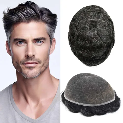 Miniatura 72 de Toupee - Sistema de reemplazo de piezas de cabello humano real, encaje suizo suave frontal para hombre, nudo blanqueado, línea capilar natural