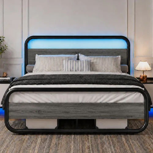 Miniatura 22 de Catrimown - Marco para cama individual con luces LED, marco de cama plataforma individual resistente de metal rústico con cabecera de madera