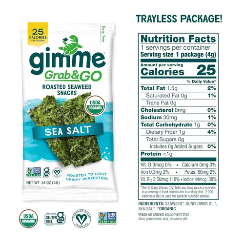 Miniatura 2 de Gimme Seaweed Grab & Go - Bocadillos de Algas Marinas Tostadas Orgánicas Premium, Sal Marina, 5 Unidades Sin Bandeja, Keto, Vegano, Sin Gluten, Gran