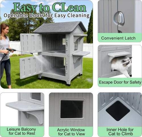 Miniatura 5 de Casa para gatos al aire libre, resistente a la intemperie, casas de plástico para gatos con puerta de escape, 2 pisos para interiores, impermeable
