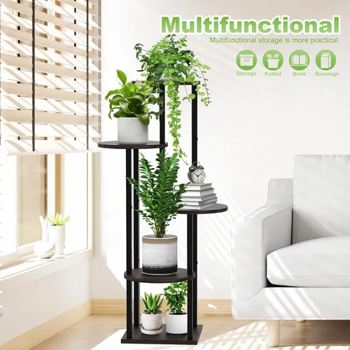 Miniatura 7 de Soporte alto de madera de 4 niveles para plantas, estante de metal para interiores, múltiples estantes para macetas, estante de esquina, estante