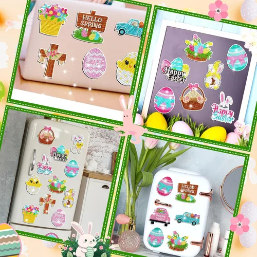 Miniatura 6 de Umigy 16 piezas de imanes de arte de diamante de Pascua para refrigerador, imanes de pintura de diamante de primavera, huevos DIY, gnomo, camión
