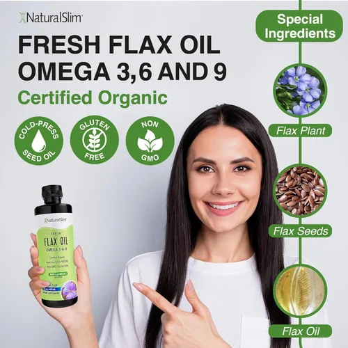 Miniatura 3 de NaturalSlim Aceite de linaza líquido de sabor fresco, aceite de lino orgánico prensado en frío y alto en Omega 3 6 9 ácidos grasos, suplemento