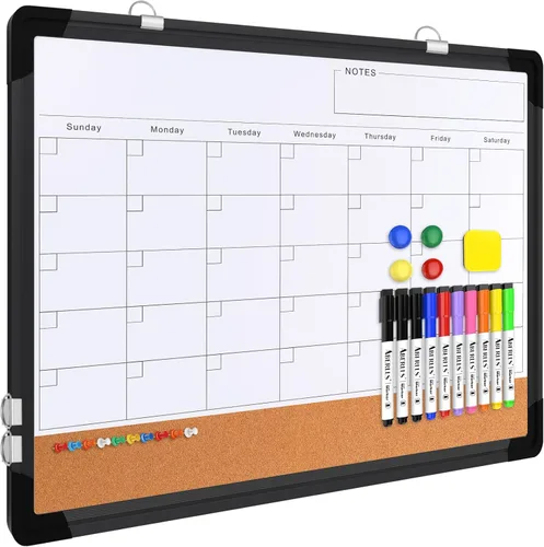 Miniatura 9 de Pizarra blanca de calendario mensual para pared, 24 x 18 pulgadas, pizarra de borrado en seco con tablero de corcho, pizarra blanca magnética, Blanco