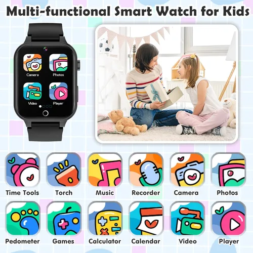 Miniatura 2 de Luyiilo Reloj de juegos para niños, con 26 juegos de rompecabezas, pantalla táctil, cámara HD, reloj despertador, juguetes para edades de 4 a 12