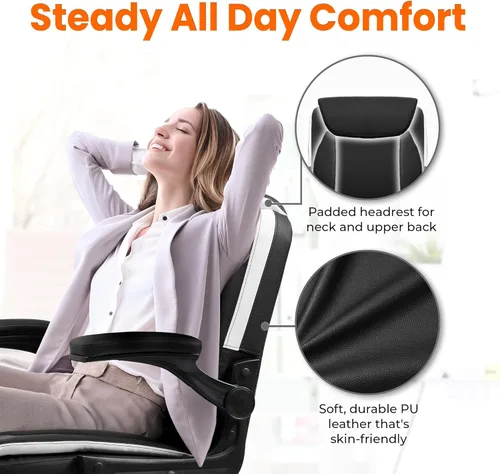 Miniatura 4 de NEO CHAIR Silla ergonómica ejecutiva para computadora de escritorio, oficina, juegos, de cuero con reposabrazos abatibles acolchados ajustables