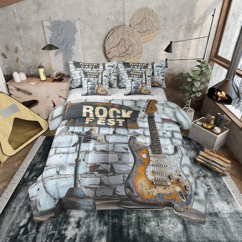 Miniatura 18 de Erosebridal Juego de edredón de 7 piezas con diseño de piano, cama Queen en una bolsa, juego de ropa de cama retro con notación musical de guitarra
