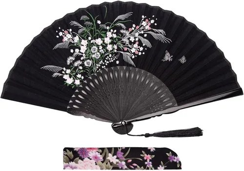 JOHOUSE Abanico de mano plegable de tela negra con borla y funda – Elegante abanico plegable de mano para mujeres, abanicos de boda para invitados,