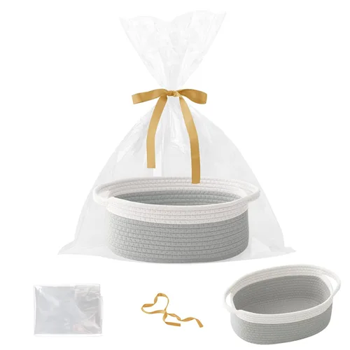 Miniatura 27 de Paquete de 2 canastas pequeñas de cuerda tejida, cesta de regalo vacía con bolsa y cintas, bonita caja organizadora con asa para cumpleaños/baby