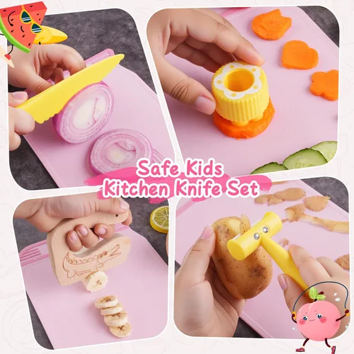 Miniatura 4 de Juego de cuchillos de cocina para niños para cocinar de verdad con caja de almacenamiento rosa, juguete de cocina Montessori con tabla de cortar