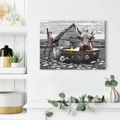 Miniatura 3 de Divertido arte de pared de vaca de las tierras altas, imágenes de baño, decoración de granja, 12 x 16 pulgadas enmarcado