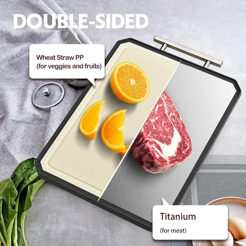 Miniatura 3 de TYSAN Tabla de cortar de titanio para cocina – Tabla de cortar de metal 2 en 1 para picar carne/verduras – Tabla de cortar de titanio puro y paja