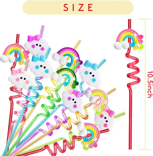 Miniatura 3 de Suministros para fiesta de cumpleaños de arco iris, pajitas de plástico para beber, 24 para niños y niñas, decoraciones de fiesta de nube arcoíris