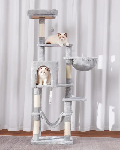 Miniatura 6 de Hey-brother Árbol para gatos con hamaca grande, torre para gatos de varios niveles para gatos de interior, condominio para gatos con postes claro