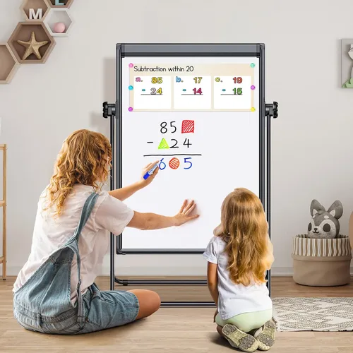 Miniatura 6 de Pizarra Blanca Magnética de Pie 40 x 28 pulgadas Pizarra de Borrado en Seco de Doble Cara Altura Ajustable Caballete de Rotafolio con Ganchos