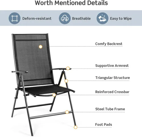 Miniatura 8 de Tangkula Juego de 2 sillas de comedor plegables para patio, sillas de camping portátiles al aire libre con reposabrazos respaldo alto, sillas