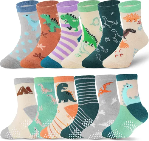 Miniatura 7 de ANTSANG - Calcetines antideslizantes para niños pequeños con agarre, para niños y niñas, diseños divertidos de autos y dinosaurios, 12 pares