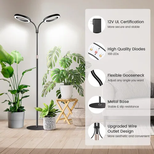 Miniatura 4 de Garpsen Luces de cultivo Halo, luces LED de espectro completo de doble cabezal para plantas para cultivo en interiores con soporte, 3 modos