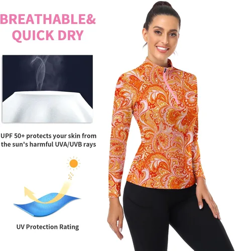 Miniatura 91 de WOWENY Camiseta deportiva de manga larga para mujer, con cremallera de un cuarto, cuello para entrenamiento, camiseta de tenis con estampado