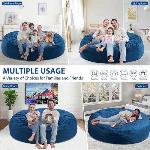 Miniatura 136 de Puf de 5 pies, puf grande con relleno de espuma viscoelástica, sofá puff esponjoso con funda de terciopelo holandés, puf redondo para sala de estar
