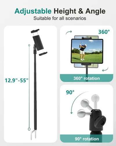 Miniatura 2 de Palo monopie de golf, soporte para tableta de golf para iPad y teléfono de 4 a 13 pulgadas, soporte analizador de swing de golf con palo de selfie