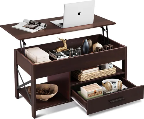 WLIVE Mesa auxiliar elevable, mesa auxiliar de 39 pulgadas con cajones de almacenamiento, compartimento oculto, mesa central de madera para sala de