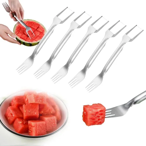 Cortador de frutas de acero inoxidable 2 en 1, nuevo cortador de tenedor de sandía 2026, herramienta cortadora de tenedores de fruta de doble 5pzas