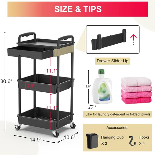 Miniatura 4 de Goovilla Organizador de carrito utilitario de 3 niveles con cajón extraíble, carritos de almacenamiento rodantes negros estables y resistentes con 2