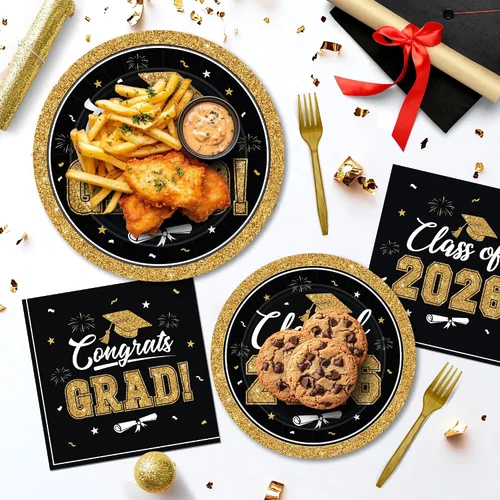 Miniatura 5 de QZYL 200 suministros para fiesta de graduación 2026, platos y servilletas de graduación negros y dorados, platos de postre desechables y tenedores