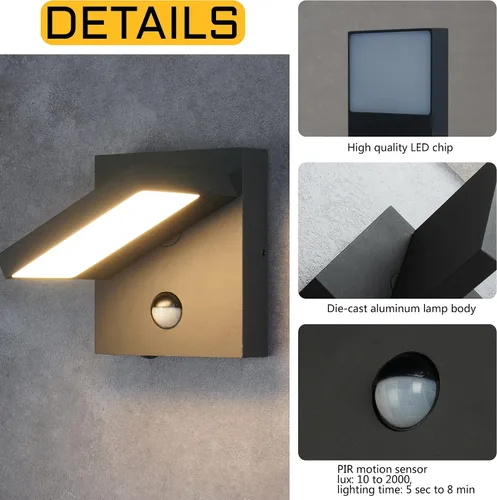 Miniatura 5 de Lustrlach Lámpara LED de pared con sensor de movimiento para exteriores, montaje en pared exterior con cabezal de lámpara ajustable para casa