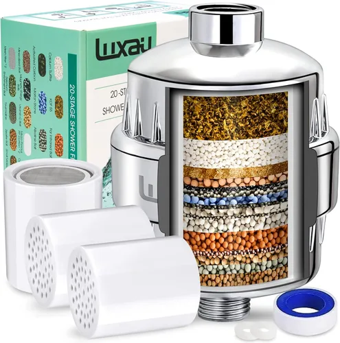 Filtro de ducha de 20 etapas con 3 cartuchos, filtro para cabezal de ducha, reduce el cloro, metales pesados y la impureza del agua dura de pozo,