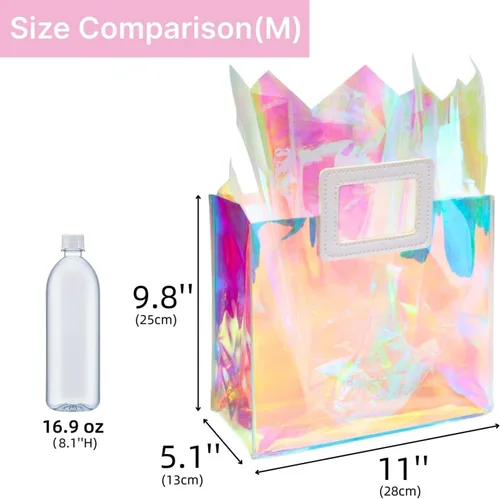 Miniatura 6 de Bolsa de regalo holográfica mediana con papel de seda, reutilizable, bolsa de regalo de cumpleaños para mujeres y niñas, iridiscente, despedida de M